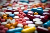 Macro shot of pills and capsules arranged artistically - Generative AI