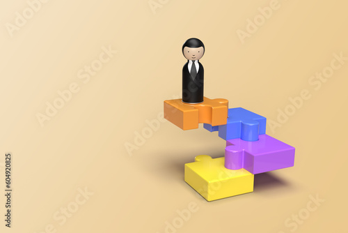 3d minimal business man doll stand on the jigsaw puzzle pieces stairs. Business success partnership. 3d rendering illustration