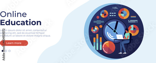 Online education concept. Vector layout for website page. Illustration in flat style with people studying remotely. Students learning online at home. Vector illustration EPS 10 and PNG