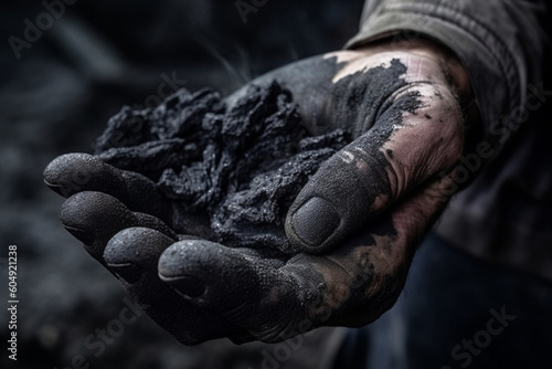 Coal and the hands of a miner Concept the rising price of coal Hard mining and industrial work © alisaaa