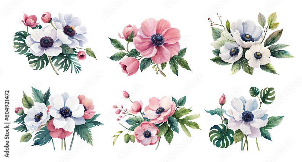 Watercolour set with anemone flowers. Generative Ai