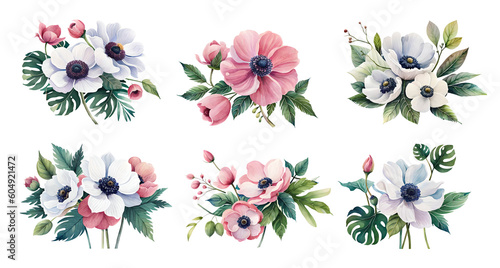 Tablou canvas Watercolour set with anemone flowers. Generative Ai