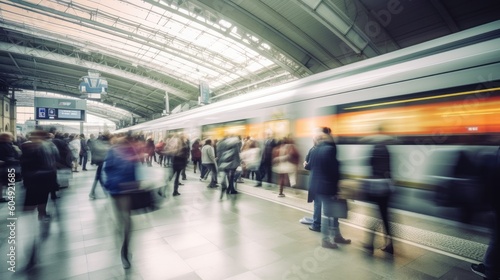 Blurred crowd people walking in train station. Generative AI © piai