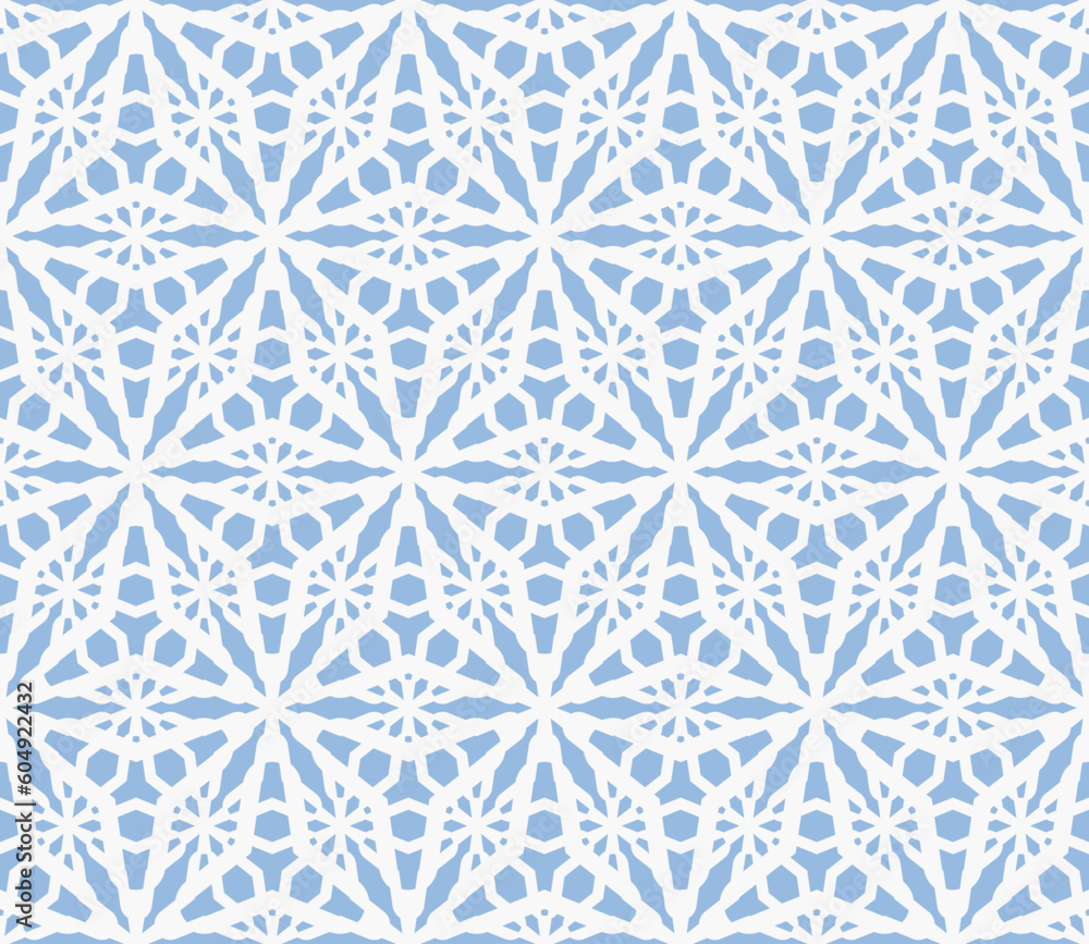 Abstract vector ornamental geometric seamless pattern. Elegant blue and white floral lattice, mesh, weave, grid. Winter frosty texture. Subtle background ornament. Repeat geo design for decor, print Abstract vector ornamental geometric seamless pattern. Elegant blue and white floral lattice, mesh, weave, grid. Winter frosty texture. Subtle background ornament. Repeat geo design for decor, print