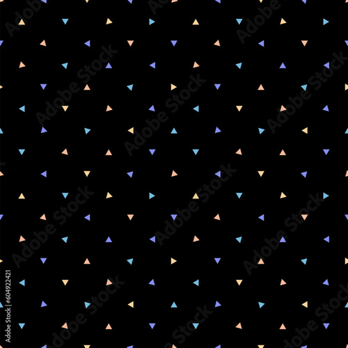 Vector minimalist geometric texture with small scattered colourful triangles, tiny dots on black. Funky seamless pattern. Simple abstract cute minimal background. Repeat funny design for kids, babies