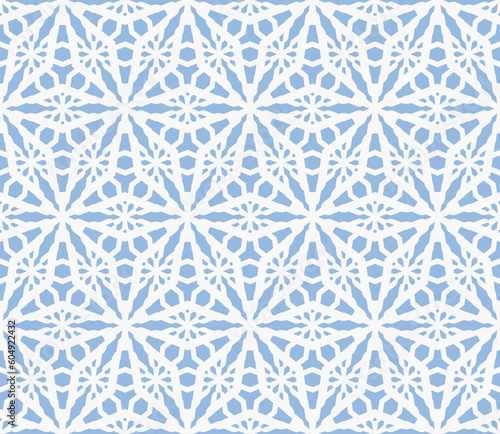 Abstract vector ornamental geometric seamless pattern. Elegant blue and white floral lattice, mesh, weave, grid. Winter frosty texture. Subtle background ornament. Repeat geo design for decor, print