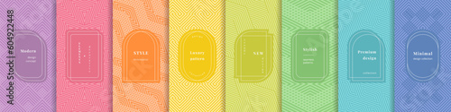 Vector geometric seamless patterns collection. Set of rainbow colorful backgrounds with modern minimal labels. Cute abstract geometric line textures. Trendy pattern design for babies, kids, decor