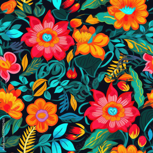Folk art flowers colorful seamless repeat pattern  Generative AI  