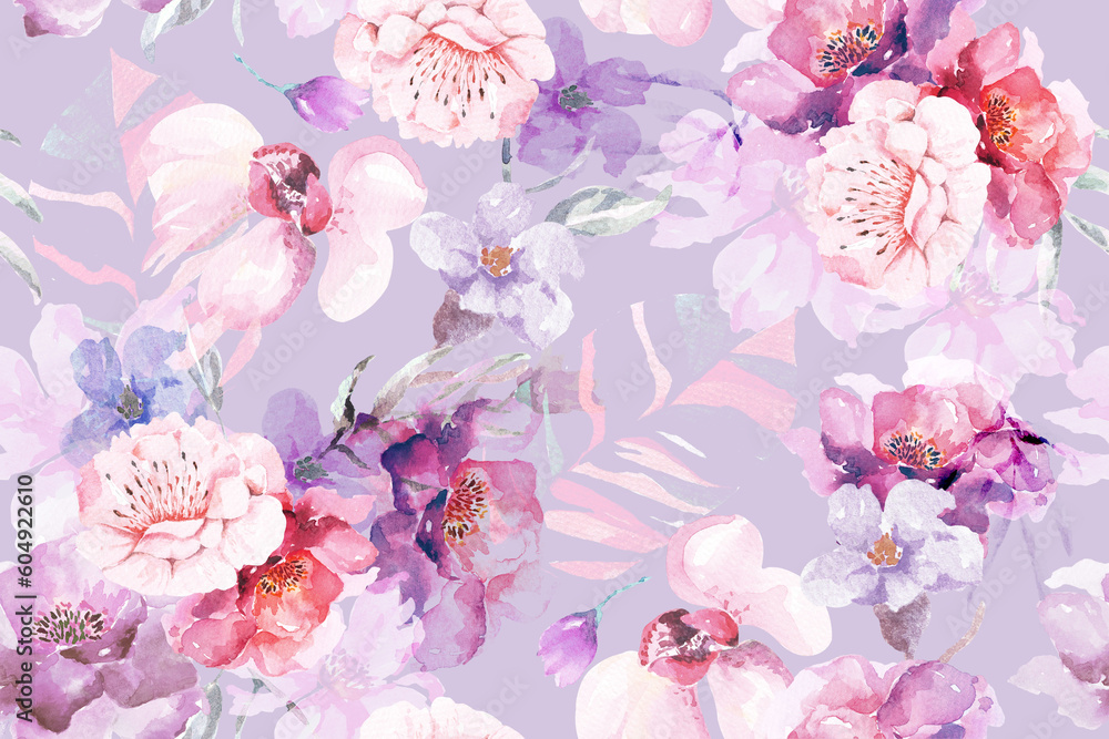 Rose seamless pattern with watercolor.Designed for fabric and wallpaper, vintage style.Hand drawn floral pattern illustration.Blooming flower painting for summer.Botany background.