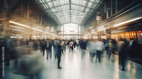 Blurred crowd people walking in train station. Generative AI
