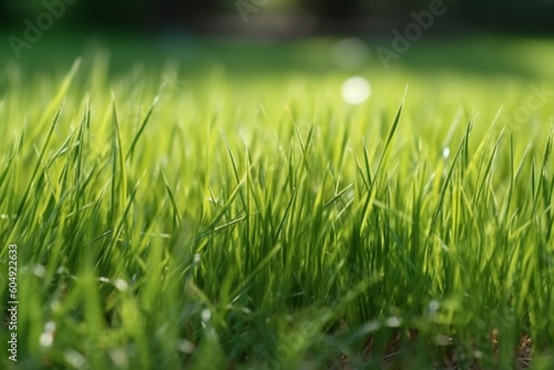 Closeup of green grass with long blades growing on lawn in summer