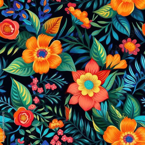 Folk art flowers colorful seamless repeat pattern  Generative AI  