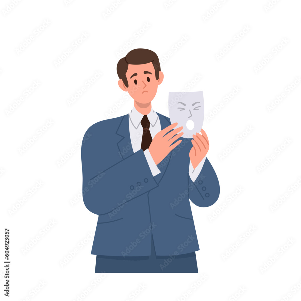 Business man character in suit hiding real sad unhappy emotion under angry screaming face mask Business man character in suit hiding real sad unhappy emotion under angry screaming face mask