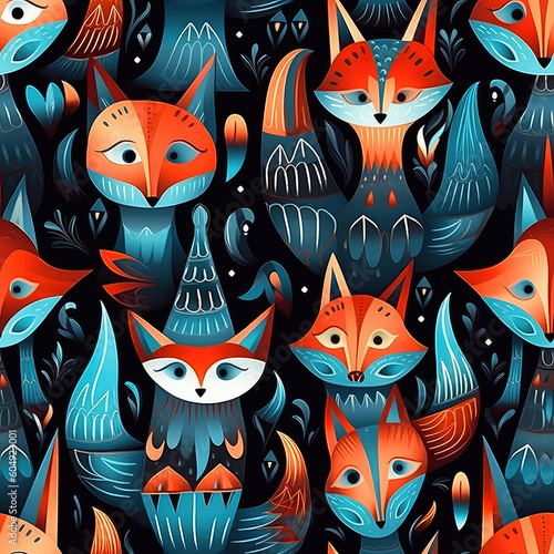 Foxes seamless repeat pattern - fantasy colorful cubism, abstract art, trippy psychedelic [Generative AI] 
