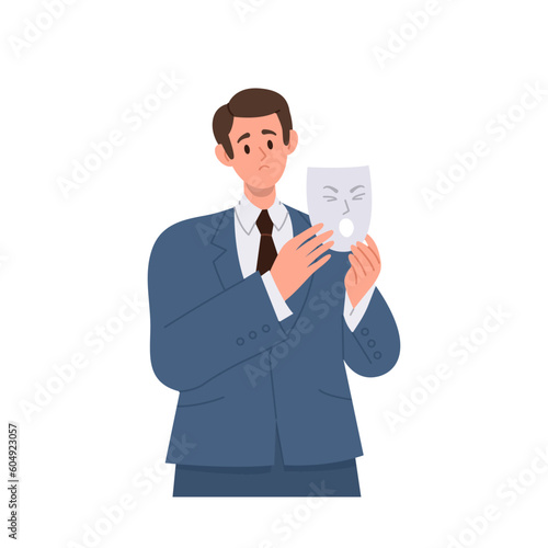 Business man character in suit hiding real sad unhappy emotion under angry screaming face mask