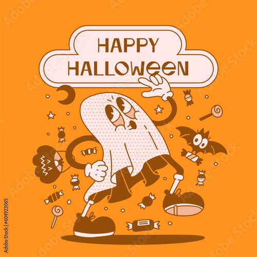 Groovy vintage Happy Halloween card in 70s-80s style with retro cartoon sprirt character. Doodle hand drawn monochrome vector illustration. photo