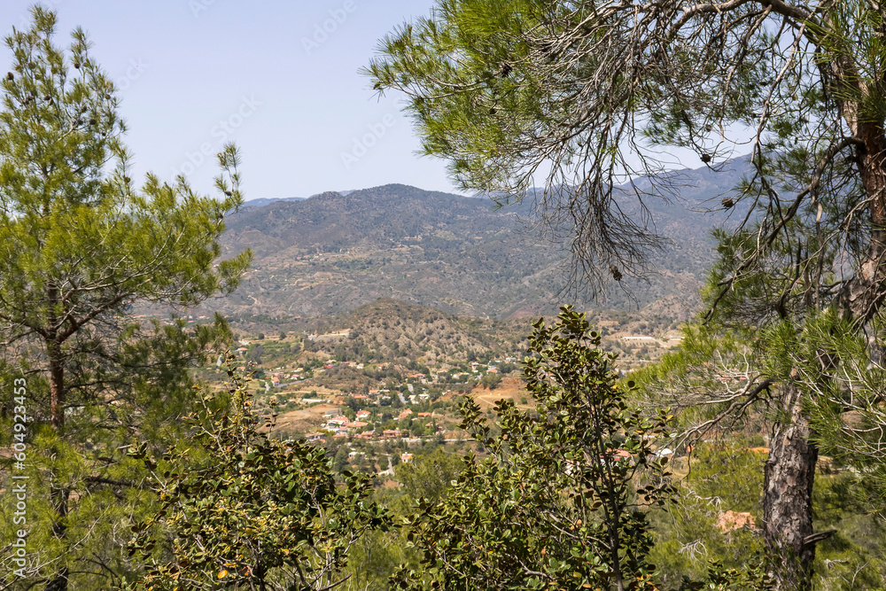 View of mountain range, hills and valley from nature trail in Limassol National Forest Park, Cyprus