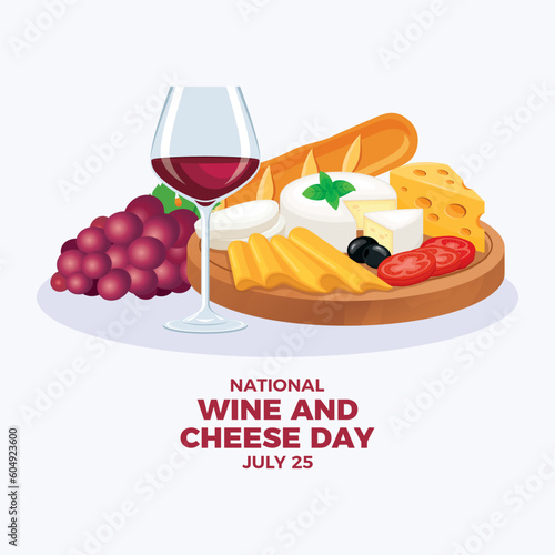 National Wine and Cheese Day vector illustration. Glass of red wine, cheese platter, baguette and grapes vector. Delicatessen on a wooden cutting board drawing. July 25 every year. Important day