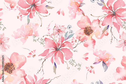 Flower seamless pattern with watercolor.Designed for fabric and wallpaper, vintage style.Hand drawn floral pattern illustration.Blooming flower painting for summer.Botany background. © joy8046