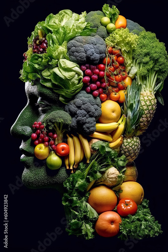diagram of vegetarian human head of vegetables and fruits. Poster vegetarianism and healthy eating on black background. Generative AI illustration