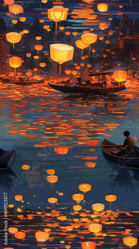 Boats and lanterns fantasy seamless repeat pattern [Generative AI] 