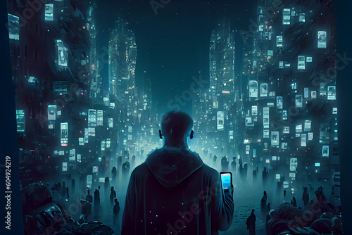 An illustration depicting a person standing in a dark space engulfed by a multitude of glowing screens, symbolizing the profound loneliness experienced in a hyperconnected modern world, generative ai photo