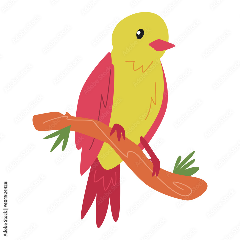 Fototapeta premium cartoon bird perched on a tree branch. suitable for children's book illustration, print, poster, sticker. cartoon flat vector illustration.