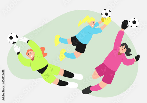 goalkeeper's girls try to catch soccer ball with different style, pose, jersey color Playing soccer, football. flat vector illustration. © Irkhamsterstock