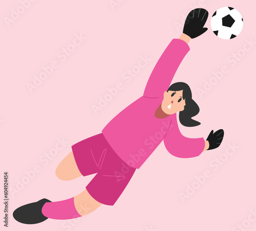 Female goalkeeper trying to catch a soccer ball. Playing football, soccer. Vector flat illustration.