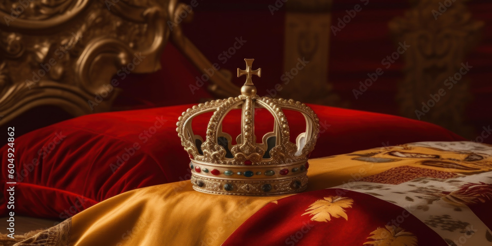 Illustration of Spanish Royal Crown on Spanish flag background. Symbols of Spain monarchy. Generative AI