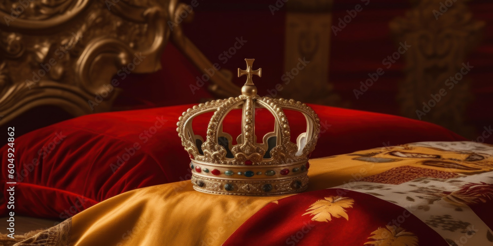 Fototapeta premium Illustration of Spanish Royal Crown on Spanish flag background. Symbols of Spain monarchy. Generative AI