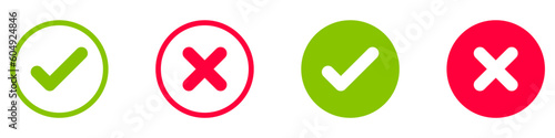 Check mark and x set icon. Simple web buttons. Checkmarks and x or confirm. Round checkmark..