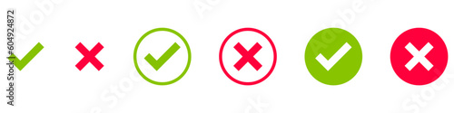 Check mark and x set icon. Simple web buttons. Checkmarks and x or confirm. Round checkmark..