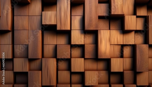 3d illustration. Wooden Square of wood. Mosaic, geometric shape with wood texture, Generative AI