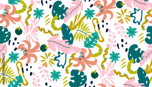 Abstract Jungle seamless pattern. A variety of tropical leaves. Flat vector illustration. Great for fabric, textile, wrapping paper, wallpaper. 