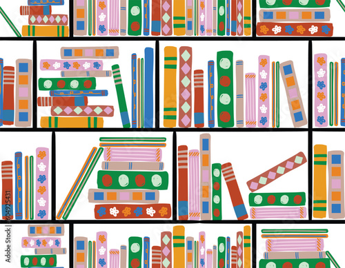 Hand drawn bookshelf in flat style seamless pattern , Vector kids pattern