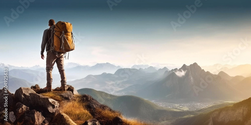 Traveler with a backpack on top of a mountain. Generative AI   © xartproduction