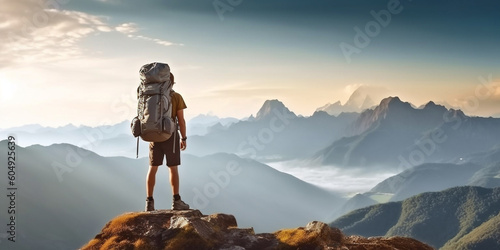 Traveler with a backpack on top of a mountain. Generative AI 