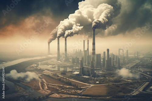 Chimneys from industrial plants make emissions and pollute the air. Generative AI 