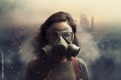 Portrait of a girl in a respirator against the backdrop of polluted city air. Generative AI 