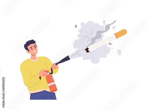 Happy young man character putting out cigarette using fire extinguisher vector illustration
