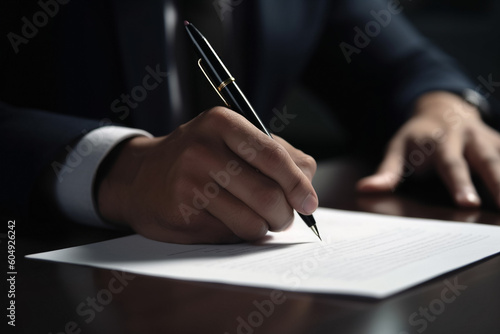 Close-up of a businessman's hand signing a document. Generative AI 