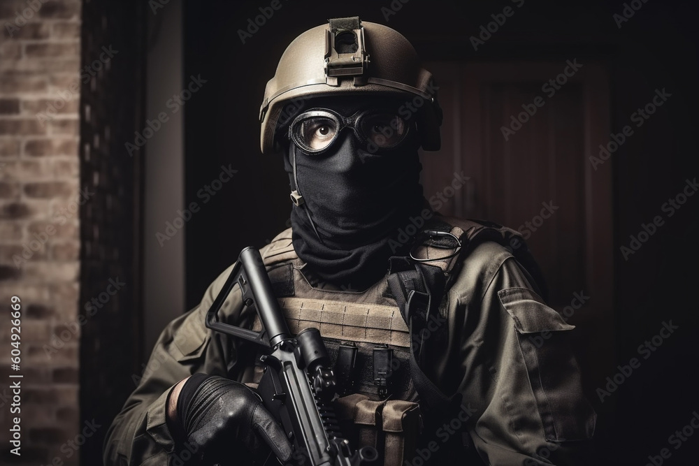 Armed people in masks, counter terrorism concept. Generative AI	
