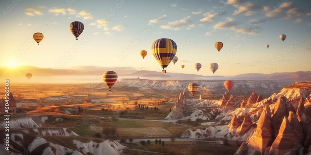 landscape hot air balloons over the valley.  
 - obrazy, fototapety, plakaty 