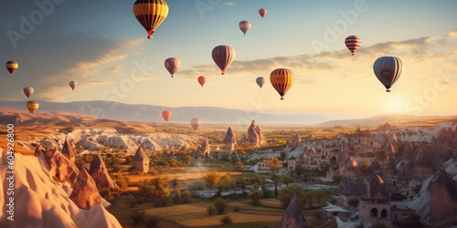 landscape hot air balloons over the valley. Generative AI 