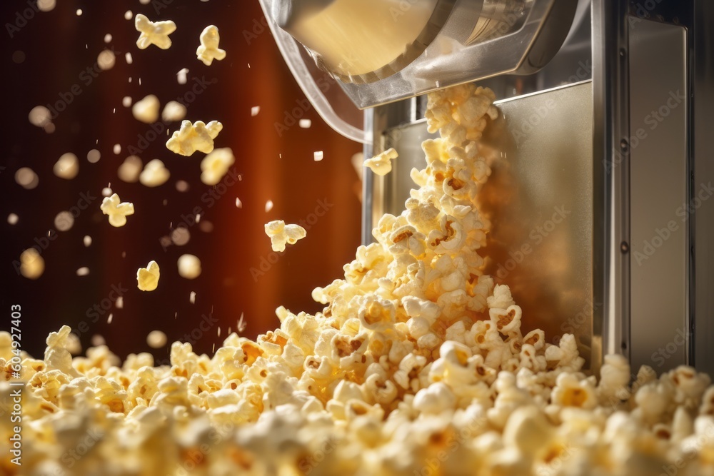 A closeup of a popcorn machine, with popcorn kernels popping and