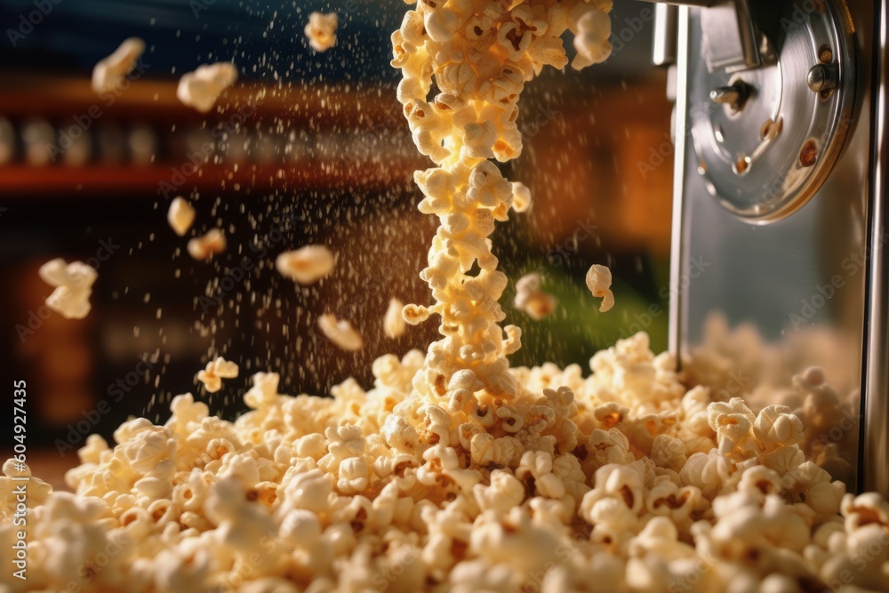 A closeup of a popcorn machine, with popcorn kernels popping and
