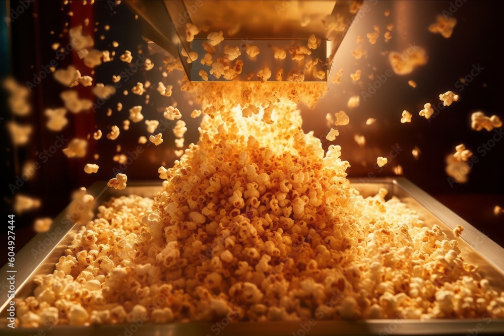 A closeup of a popcorn machine, with popcorn kernels popping and