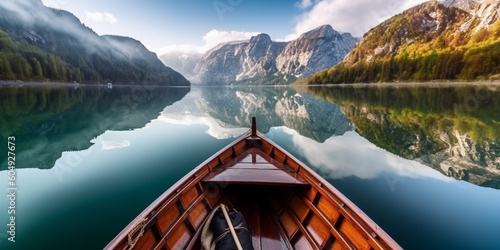 Beautiful view of a traditional wooden rowboat on a picturesque lake among the mountains. Generative AI 