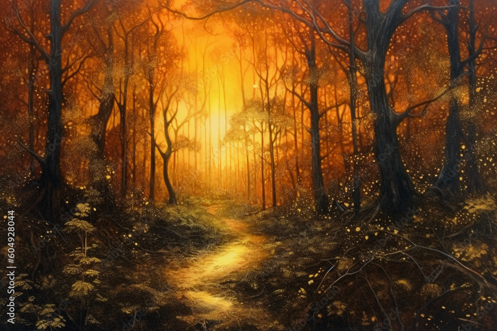 Painting by gold powder, a forest